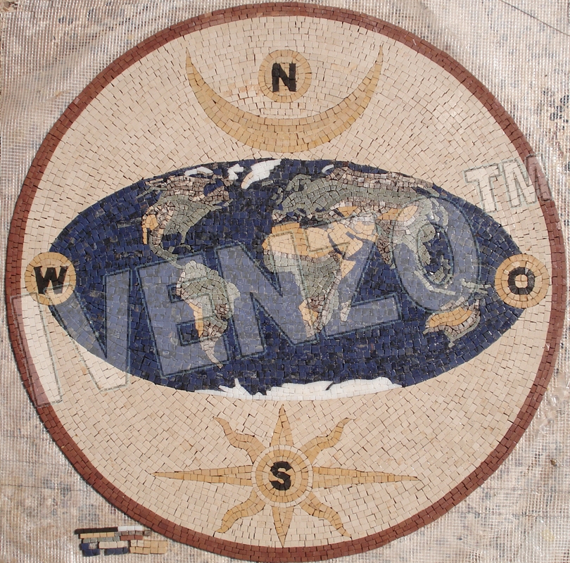 Mosaico MK085 Rosa dei venti con mappa del mondo