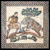 Mosaico Un uomo caccia un cinghiale